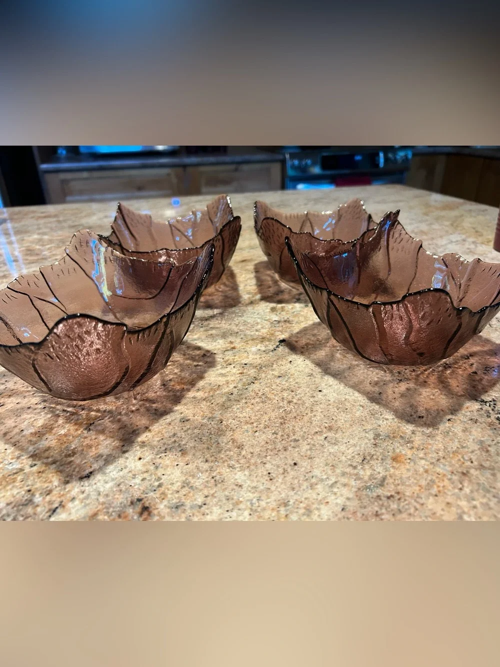 Arcoroc France (4) Set Amethyst Glass Cabbage/Sculpted Leaf Bowls 5.5”x3.5”